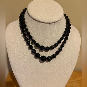 VINTAGE Faceted Jet Black Glass Beads Double Strand Western Germany Signed‎